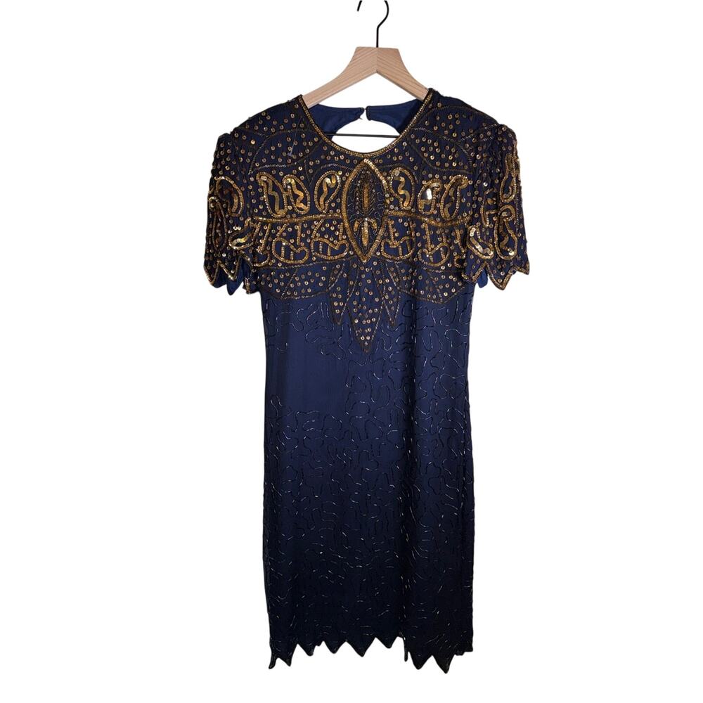VINTAGE LAWRENCE KAZAR 80s Silk Beaded and Chic Open Back evening dress 12